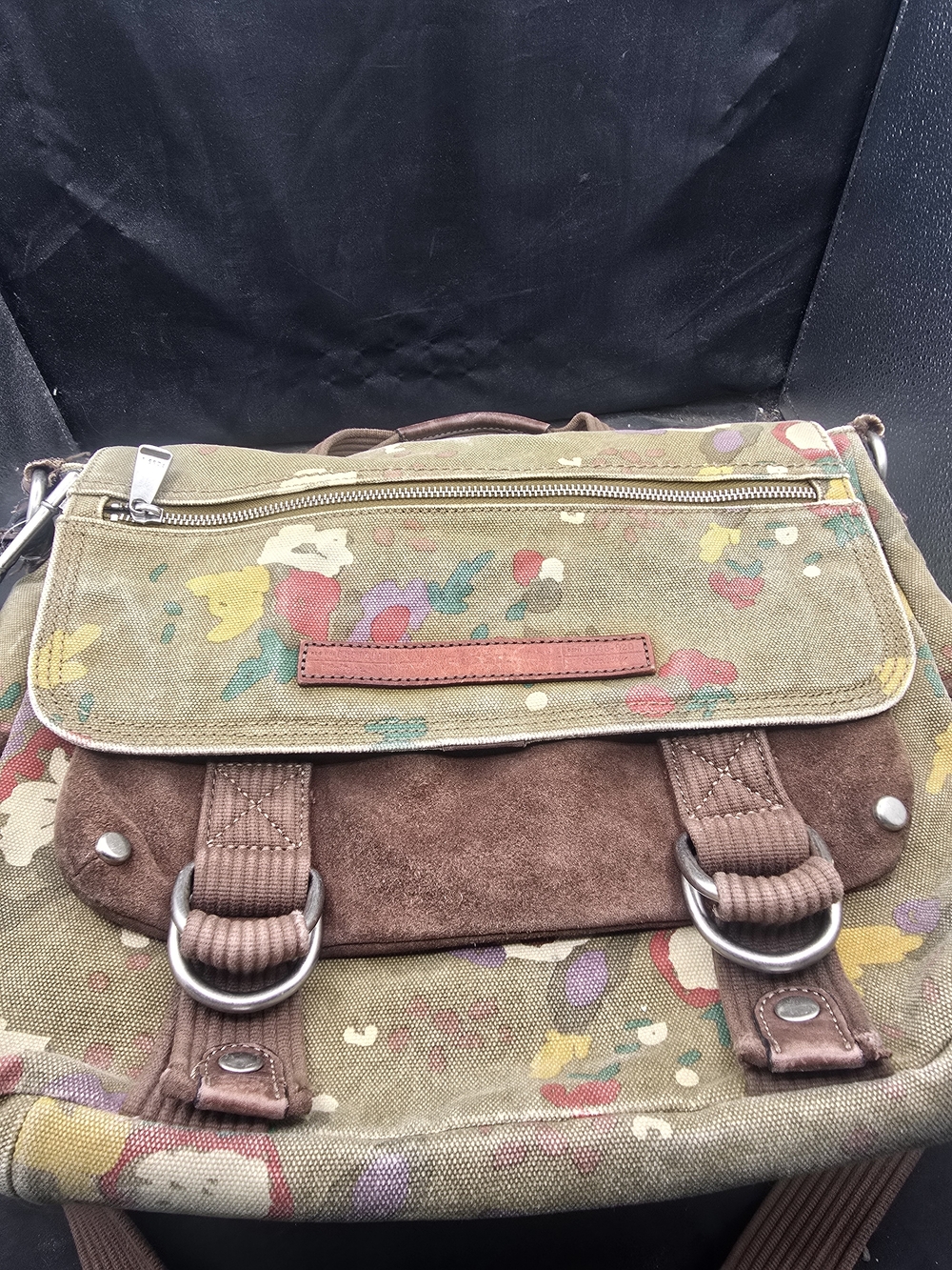 Fossil Olive Canvas Floral Satchel with Brown Suede Trim 12h and 17w Dimension